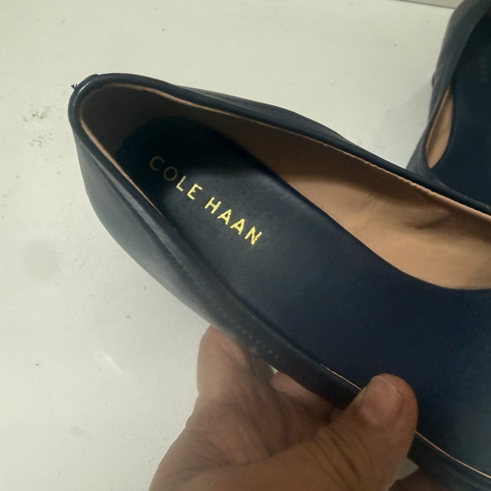 Cole Haan Women's Navy Peep-Toe Flats with Gold Accent - Picture 4 of 16